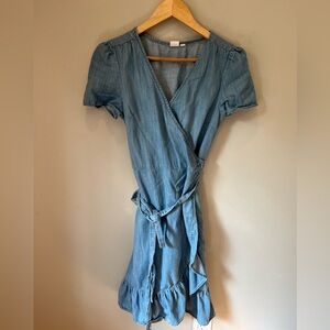 GAP Chambray Ruffle Light Blue Mini Wrap Dress